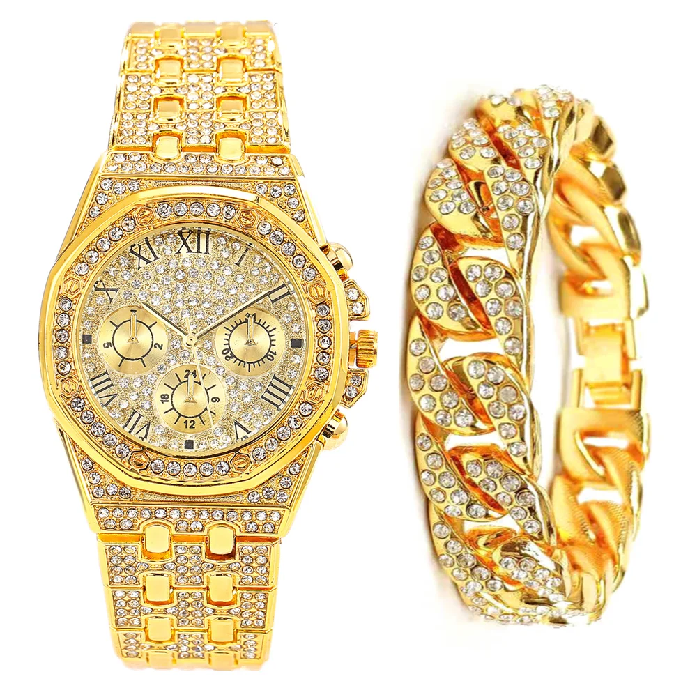 Chladný Ľadový Sa Pozerať + Náramok pre Mužov, Ženy, Pár Luxusné Hodinky Gold Diamond Muži Hodinky s Kubánskej Reťazca Šperky Dropshipping Obrázok 3