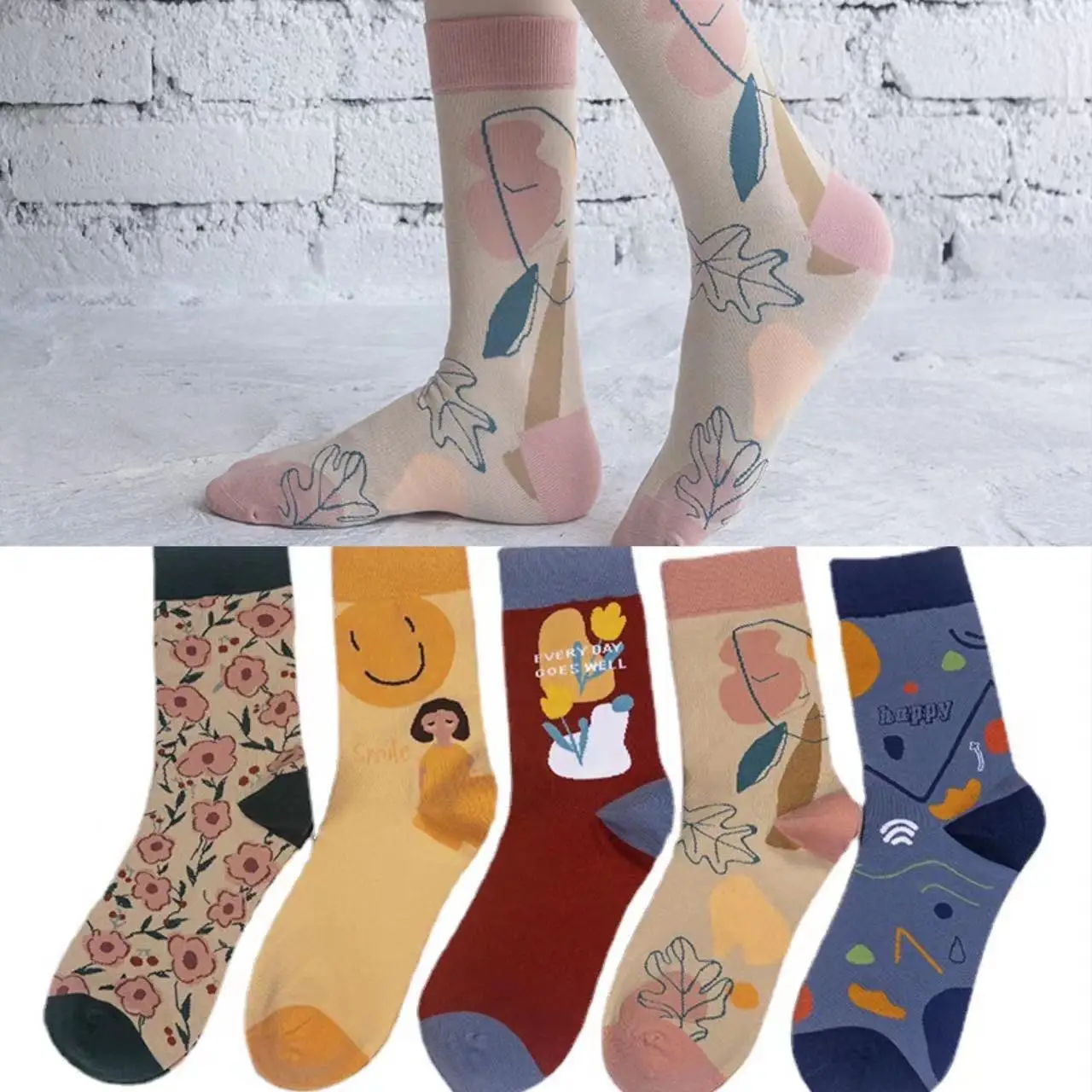 Nové módne značky, ponožky kvet mid-tube bavlna trend ponožky dlhé trubice červené športové ponožky Obrázok 0