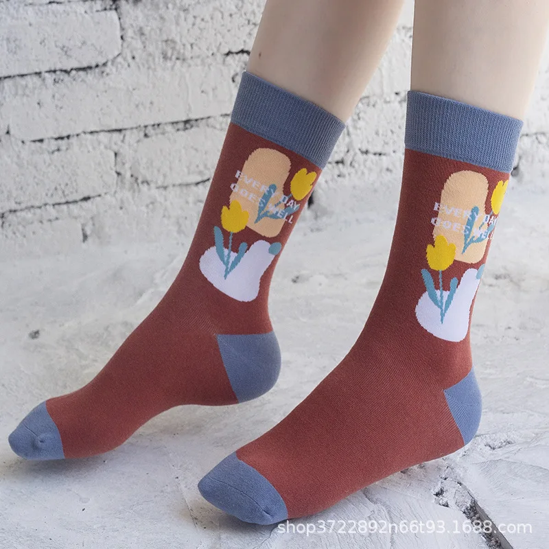 Nové módne značky, ponožky kvet mid-tube bavlna trend ponožky dlhé trubice červené športové ponožky Obrázok 2