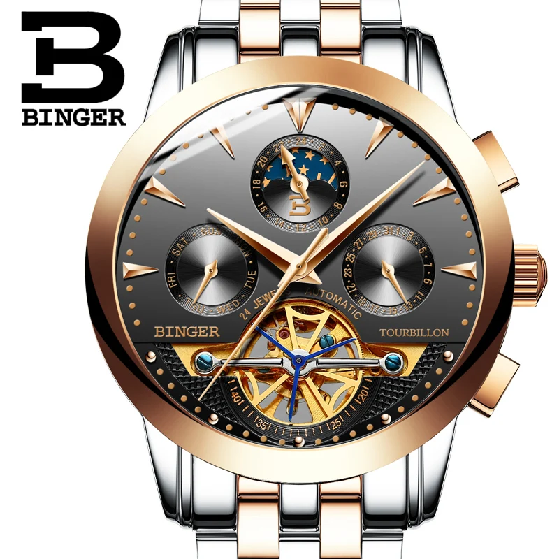 Švajčiarsko luxusné pánske hodinky BINGER značky Tourbillion Mechanické náramkové hodinky Sapphire plný nehrdzavejúcej ocele Hodiny Muž B1188-6 Obrázok 0