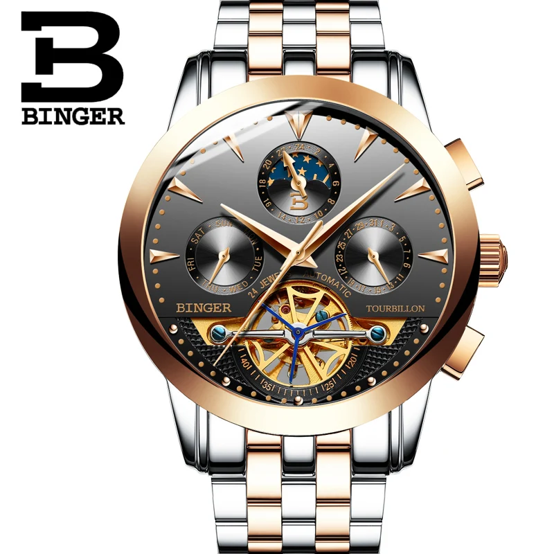 Švajčiarsko luxusné pánske hodinky BINGER značky Tourbillion Mechanické náramkové hodinky Sapphire plný nehrdzavejúcej ocele Hodiny Muž B1188-6 Obrázok 1