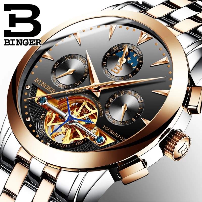 Švajčiarsko luxusné pánske hodinky BINGER značky Tourbillion Mechanické náramkové hodinky Sapphire plný nehrdzavejúcej ocele Hodiny Muž B1188-6 Obrázok 2