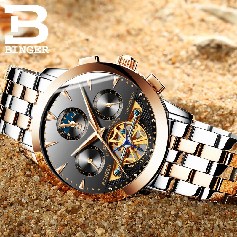 Švajčiarsko luxusné pánske hodinky BINGER značky Tourbillion Mechanické náramkové hodinky Sapphire plný nehrdzavejúcej ocele Hodiny Muž B1188-6 Obrázok 3