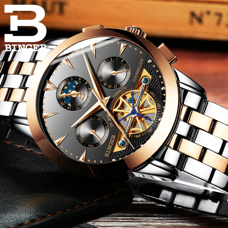 Švajčiarsko luxusné pánske hodinky BINGER značky Tourbillion Mechanické náramkové hodinky Sapphire plný nehrdzavejúcej ocele Hodiny Muž B1188-6 Obrázok 4