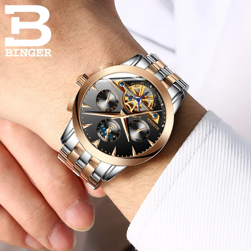 Švajčiarsko luxusné pánske hodinky BINGER značky Tourbillion Mechanické náramkové hodinky Sapphire plný nehrdzavejúcej ocele Hodiny Muž B1188-6 Obrázok 5