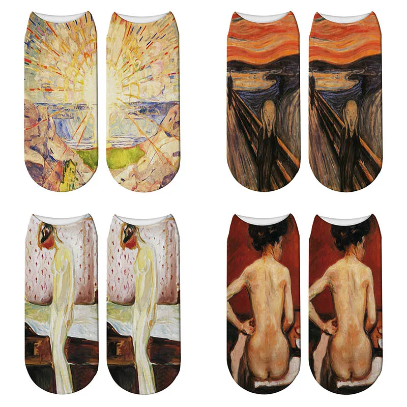Nové 3D Tlač Umenie olejomaľba Edvard Munch Ponožky Slnko Kričať Ženy, Členkové Ponožky Slávny obraz Meias Calcetines Mujer Obrázok 0