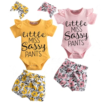 2021 Letné Baby Girl Šaty List Romper+Krátke Nohavice+hlavový most 3ks Oblečenie Set pre Deti Batoľa Dievčatá Ležérne Oblečenie Nosiť