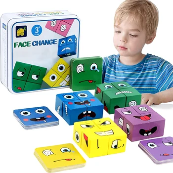 2022New Tvár Zmena Stavebné Bloky Dosková Hra Cartoon Puzzle Montessori Hračky Drevené Úroveň Hry, Myslenie Výzvou Deti Hračky