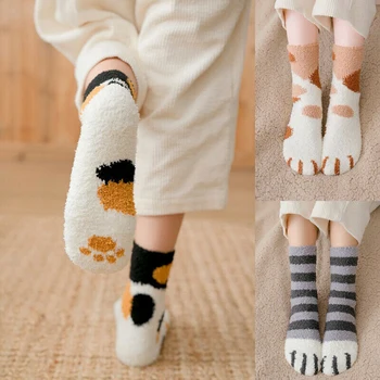 2Pairs/Set Roztomilé Mačacie Pazúry Ponožky Ženy, Dievčatá Kawaii Cartoon Biela Zvierat Prsty Ponožka Žena Fleece Domov Poschodí Teplé Zábavné Ponožky