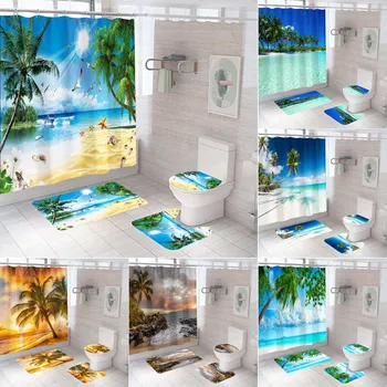 3D Seascape Beach Tému Sprchový Záves Sady Wc Kryt Vaňa Mat Koberce, Koberce, Kúpeľňa Závesy Sprchový Záves Set s Háčikmi