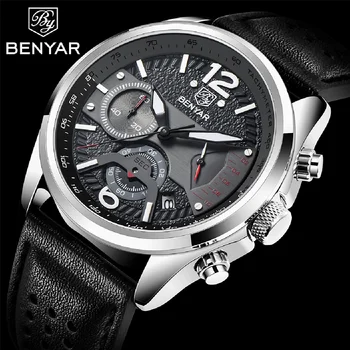 BENYAR 2021 Nové Luxusné Mužov náramkové hodinky Quartz Nepremokavé Športové Chronograf Hodinky Top Značky Kože Vojenské Sledovať reloj hombre