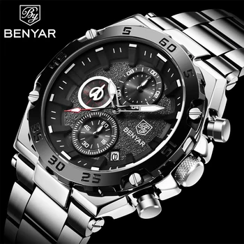 BENYAR Nové Nerezové Diver Sledovať Svetelný Šport Luxusné Mužov náramkové hodinky Quartz Business Chronograf Hodiny reloj hombre