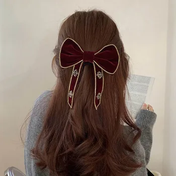 Barokový Retro Lesk Drahokamu Veľký Luk Sušič Na Páse S Nástrojmi Elegantné Ženy Crystal Velvet Bowknot Vlasy Klip Hairwear Vlasy Príslušenstvo