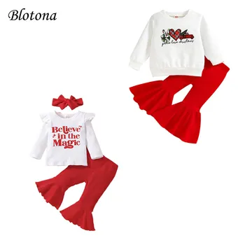 Blotona Baby Girls Vianočné Oblečenie Cartoon Auto List Tlač Mikina s Dlhým Rukávom T-shirt Topy a Bežné Rebrovaný Horela Nohavice