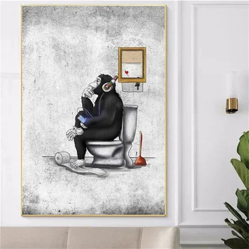 Gorila So Slúchadlami Sedí na Wc Plátno na Maľovanie Legrační Zviera Banksy Wall Art Obrázky pre Kúpeľňa Domova Bez Rámu