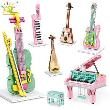 HUIQIBAO Roztomilý Hudobný Nástroj Micro stavebným Nanobricks Klavír, Gitara, Husle Mini Diamond Tehly Deti Hračka Domova