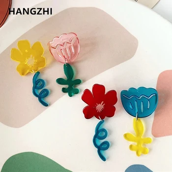 HangZhi 2020 Nový kórejský Krásne Farebné Akrylové Živice Kvetina Tulipán Transparentné Jednotného 1 Ks Stud Náušnice Šperky pre Ženy