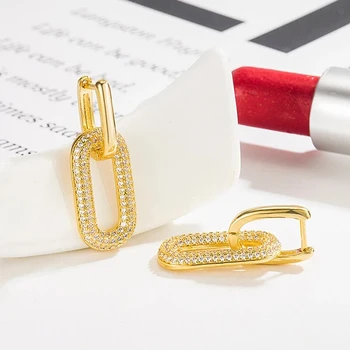 Huitan Luxusná Zlatá Farba Visieť Náušnice s Bielym CZ pre Ženy na Denné Nosenie, Módne Náušnice Kovové Prepojené Dizajne Trend Šperky