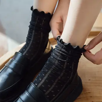 Japonský Lolita roztomilý dievča ponožky kawaii Harajuku čipky rozstrapatené cosplay sladké dievča ponožky vysokej kvality black & biely vzor ponožky