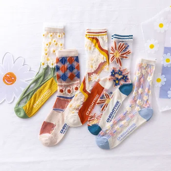 Japonský Štýl Obyčajné Ponožky Žena Kawaii Harajuku Transparentné Ponožky Vyšívané Zábavné Ponožky Stredné Trubice Letné Bavlnené Pančuchy