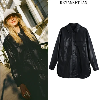 KEYANKETIAN ZA 2021 jeseň dámske klasické čierne imitácia kože kabát žien dlhým rukávom voľné nadrozmerná elegantná bunda