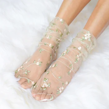 Letné Výšivky Kvety Ponožky Tylu Ženy Transparentné Dlhé Ponožky Femme Oka Tenké Ponožky Šaty Streetwear Calcetines Mujer