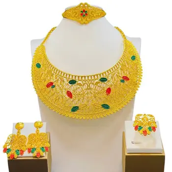 Liffly Dubaj Svadobné Svadobné Šperky Kvet Collares Náhrdelník Náramok, Náušnice, Prsteň Africkým Spôsobom Nastaví Ženy Šperky