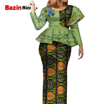 Móda Patchwork Dlhý Rukáv Dashiki Sukne Farby Afriky Bazin Textílie Plus Veľkosť Ženy Sukne Nastaviť WY7905