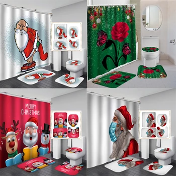 Nepremokavé Kúpeľni Sprchový Záves Nastaviť Vianočné Dekoratívne Zábavné Non-Slip Vaňa Mat Koberec Koberec, Wc Poťah Polyester