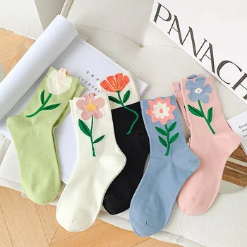 New Horúce Ženy Dámy Sladké Dievčatá Roztomilý Bavlna Dlhé Ponožky 2023 Kvetinový Žena Ponožky Kórejský Módne Harajuku Vintage Tulipán Posádky Ponožky