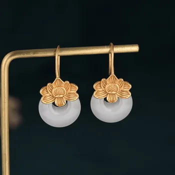 Nová Čína Štýl Ucho Šperky z Medi Pozlátené Lotus Imitácia Hetian Jade Náušnice Národnej Príliv Drop Náušnice pre Ženy Darček