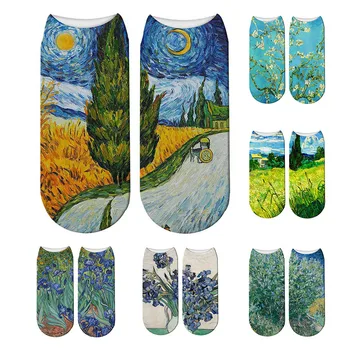 Nové 3D Vytlačené Van Gogh Olejové Maľby Vzor Ponožky Kvety Pastoračnej Hviezdne Nebo Zábavné Umenie Ženy Šťastný Farebné Nízke Ponožky