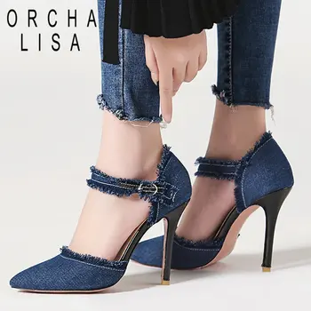 ORCHA LISA jar leto džínsy čerpadlá Pracky topánky sklzu na vysokých podpätkoch blue denim strany obuv pre ženy, bodce veľká veľkosť 43