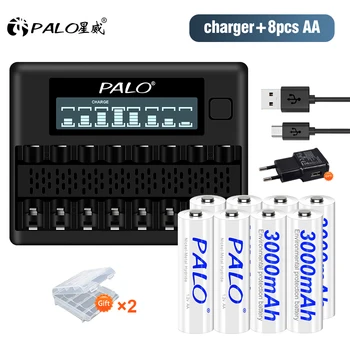 PALO 1.2 V, AA Nabíjateľná Batéria 3000mAh Ni-MH Batérie typu AA s 8 Sloty Rýchly Inteligentné Nabíjačky pre 1.2 V, AA, AAA Ni-MH, Ni-Cd batérie
