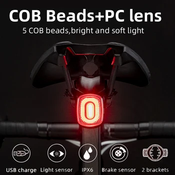 ROCKBROS Cyklistické zadné svetlo na Bicykel Zadné Svetlo 5 Režimy Smart Auto Brzdu na Snímanie Svetla, Vodotesný LED Nabíjania Príslušenstvo Q4