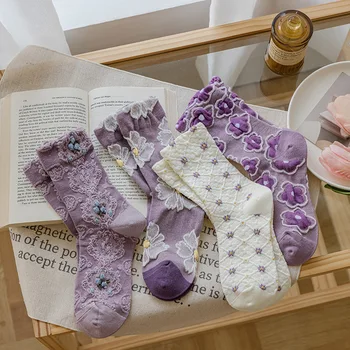 Roztomilý Módne Fialové Kvetinové Výšivky dámske Bavlnené Ponožky kórejský Harajuku Retro Vintage Streetwear Posádky Japonský Kawaii Dievčatá
