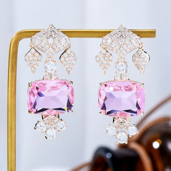 SisCathy Luxusné Zirkón Námestie Drop Náušnice pre Ženy, Ženské Ružová Krištáľové Náušnice Svadobné Zapojenie Strana Príslušenstvo Šperky