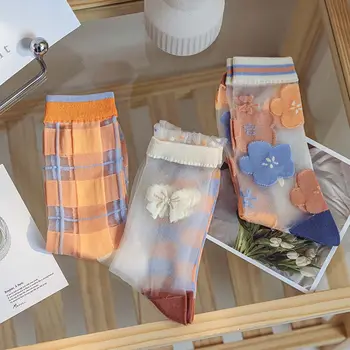 Tenký Priehľadný Kryštál Pančuchy Japonské Rozprávky Kvety Bowknot Sklo, Hodváb Ponožky Pre Ženy Lete Priedušné Ponožky