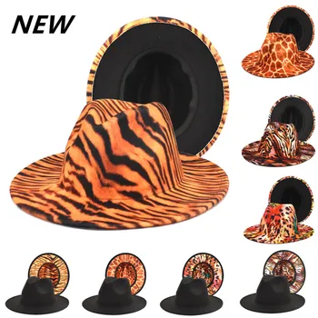 Tiger vzor fedora klobúk žien široký okraj straight-edge vlnené top hat pánske outdoorové cestovné trend jeseň v zime teplé jazz klobúk