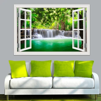 Zelená Vodopád 3D Zobrazenie Okna Stenu Odtlačkový Nálepky Domova Obývacia Izba samolepiace Charakter Krajiny nástenná maľba Tapety