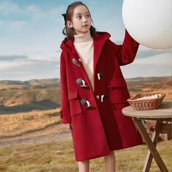 Červená Kapucňou Zime Jar Deti Kabát Dieťa Dievčatá Oblečenie Teplá Zahustiť Bundy Ovčej Vlny Batoľa Tlačidlá Vrecká Outwear Deti