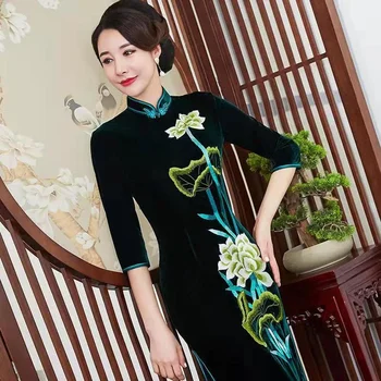 Čínsky Vintage Velvet Cheongsam Šaty Krásne Qipao Zimné Vyšívané Čínske Tradičné Oblečenie pre Ženy, 4XL Plus Veľkosť