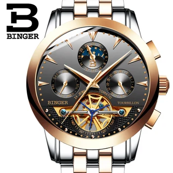 Švajčiarsko luxusné pánske hodinky BINGER značky Tourbillion Mechanické náramkové hodinky Sapphire plný nehrdzavejúcej ocele Hodiny Muž B1188-6