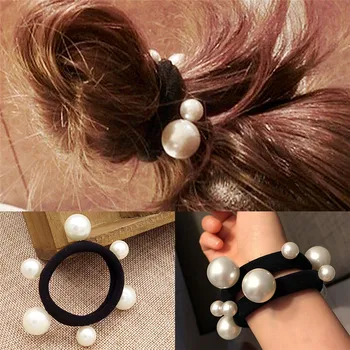 Ženy Vlasové Doplnky kravatu buchta držiteľ imitácia perly čierne gumičky Dievča Lano Guma gumička 3ks