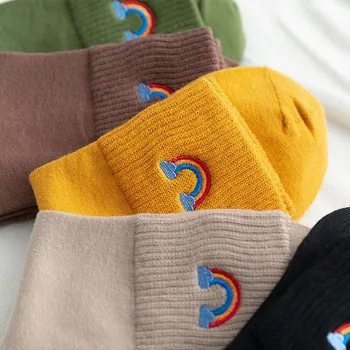 Ženy ponožky nový príchod Japončina kórejčina štýl rainbow výšivky farebné roztomilý šťastný čistý warmful pohodlné bavlnené ponožky